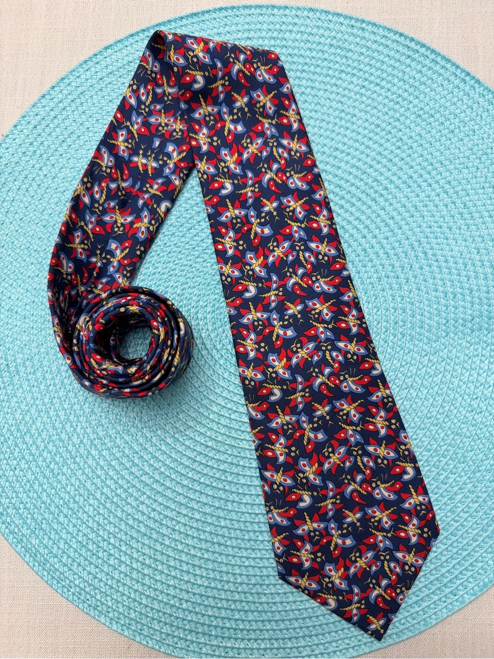 Hermes Navy Butterfly Pattern Silk Tie